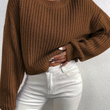 vlovelaw  Crew Neck Rib Knit Sweater, Casual Drop Shoulder Oversized Long Sleeve Loose Fall Winter Knit Sweater, Women's Clothing