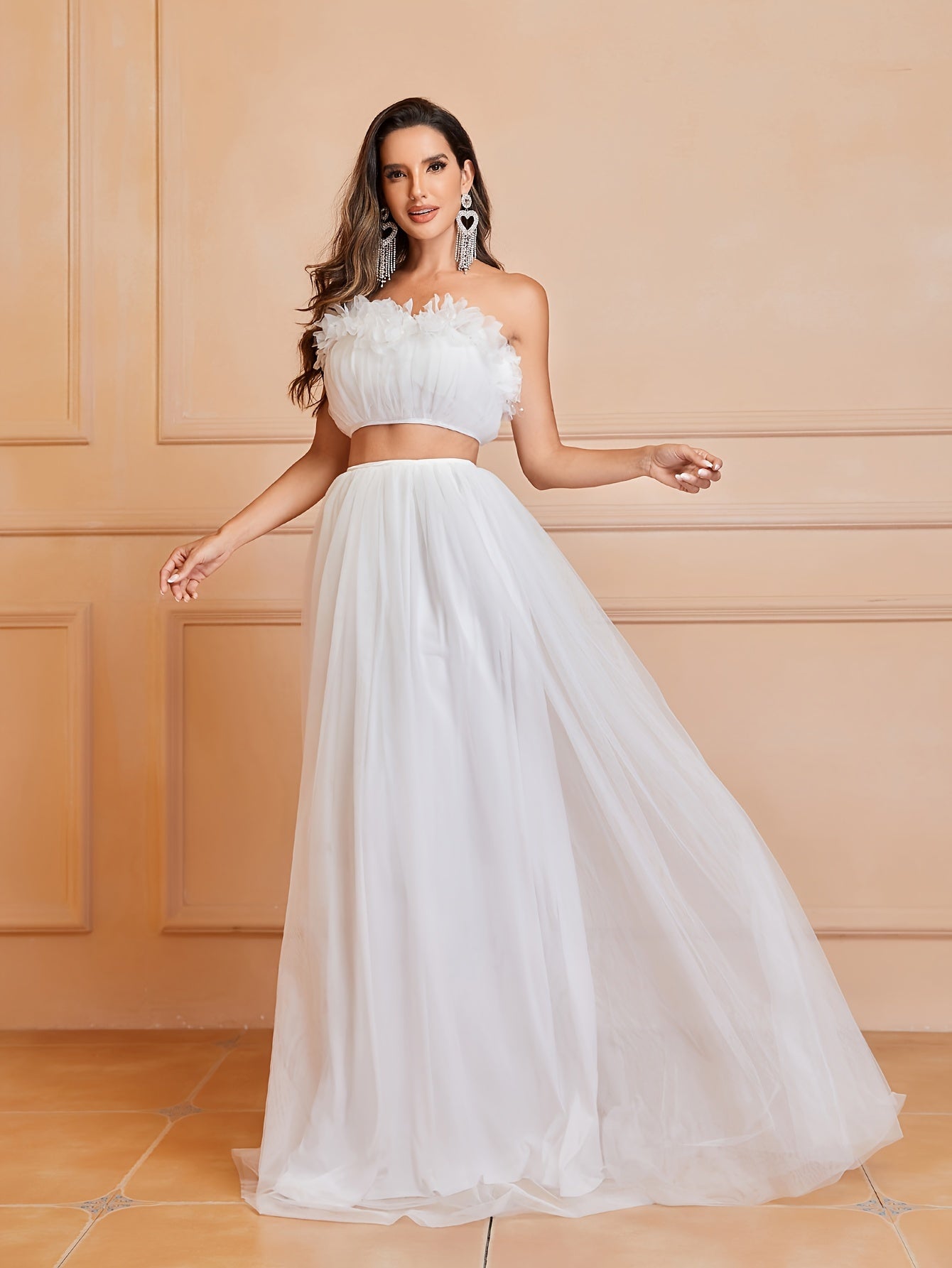 vlovelaw  Mesh Ruffle Trim Matching Two-piece Skirt Set, Elegant Crop Sleeveless Tube Top & High Waist Loose Skirt Outfits, Women's Clothing