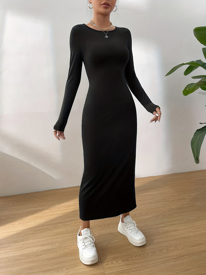 Solid Crew Neck Slim Dress, Elegant Long Sleeve Midi Dress, Women's Clothing