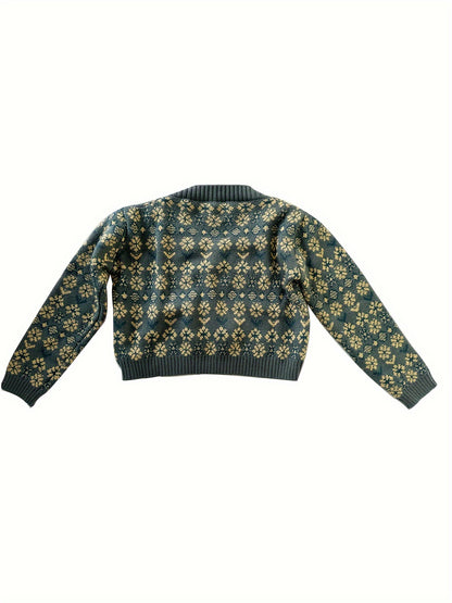vlovelaw  Floral Pattern Button Down Knit Cardigan, Cute Long Sleeve Crop Sweater, Women's Clothing