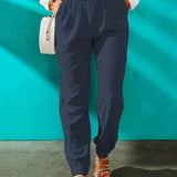 Ruffle Trim Smocked Solid Pants, Casual High Waist Long Length Elastic Pants, Women's Clothing