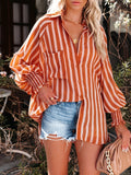 vlovelaw  Lantern Sleeve Striped Cross Shirts, Casual Every Day Blouses Tops, Women's Clothing