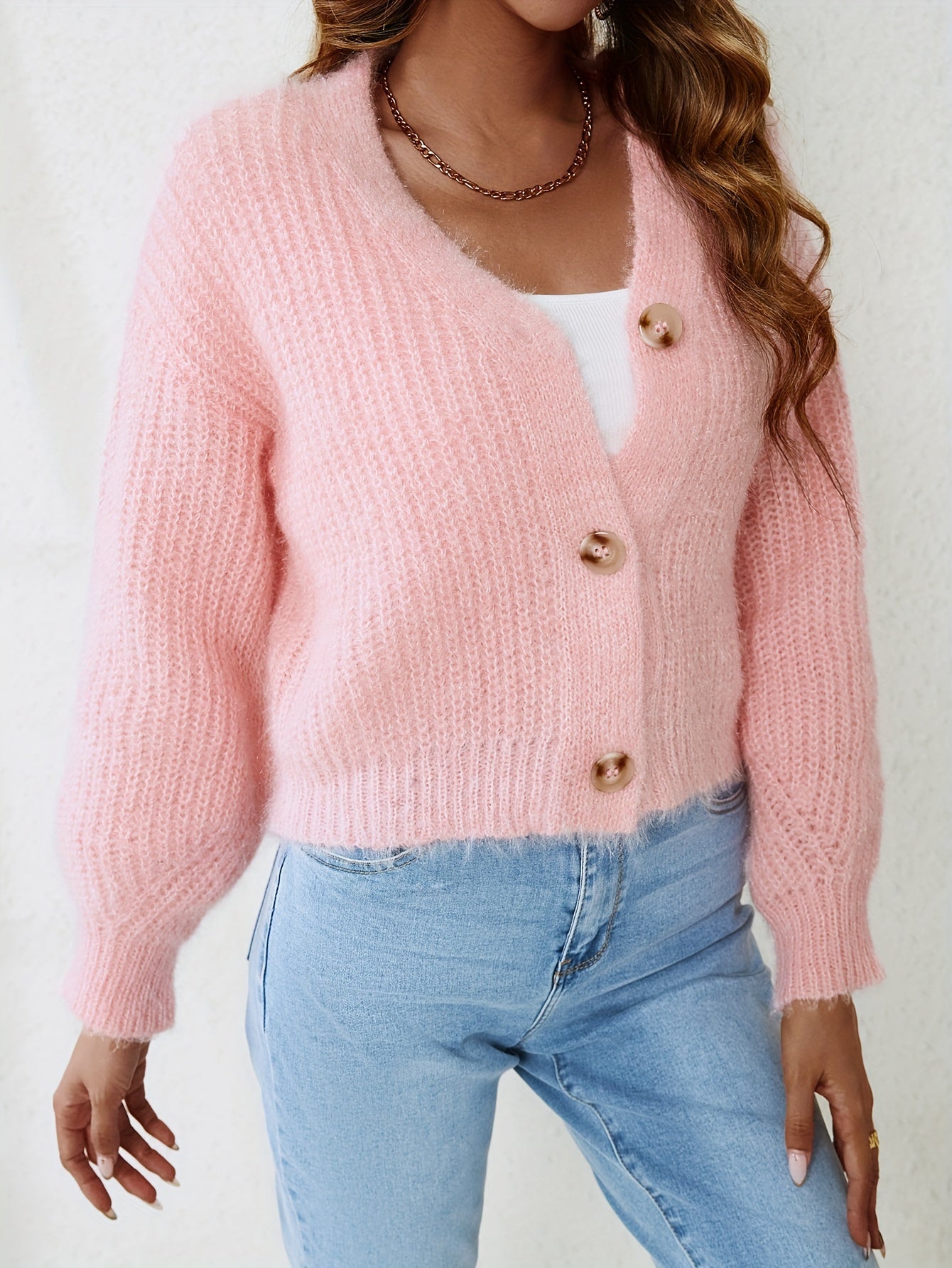 vlovelaw  Solid Button Up Knit Cardigan, Cute V Neck Long Sleeve Sweater, Women's Clothing