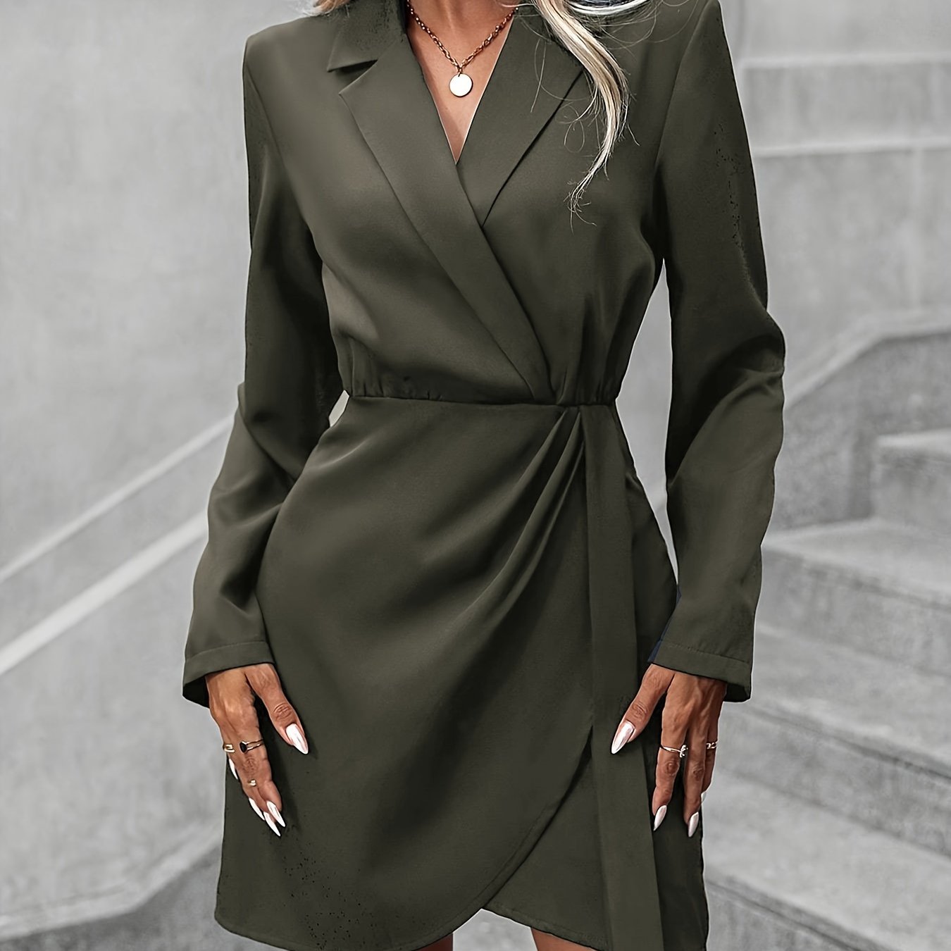 vlovelaw  Solid Bodycon Mini Dress, Elegant Contrast Collar Long Sleeve Dress, Women's Clothing