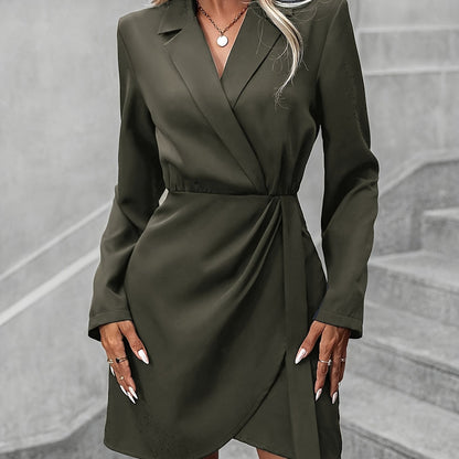 vlovelaw  Solid Bodycon Mini Dress, Elegant Contrast Collar Long Sleeve Dress, Women's Clothing