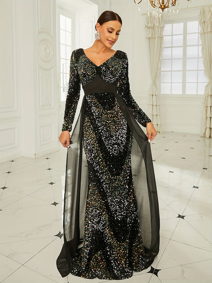 vlovelaw  Sequined V Neck Bridesmaid Dress, Elegant Long Sleeve Floor Length Dress For Wedding Party, Women's Clothing