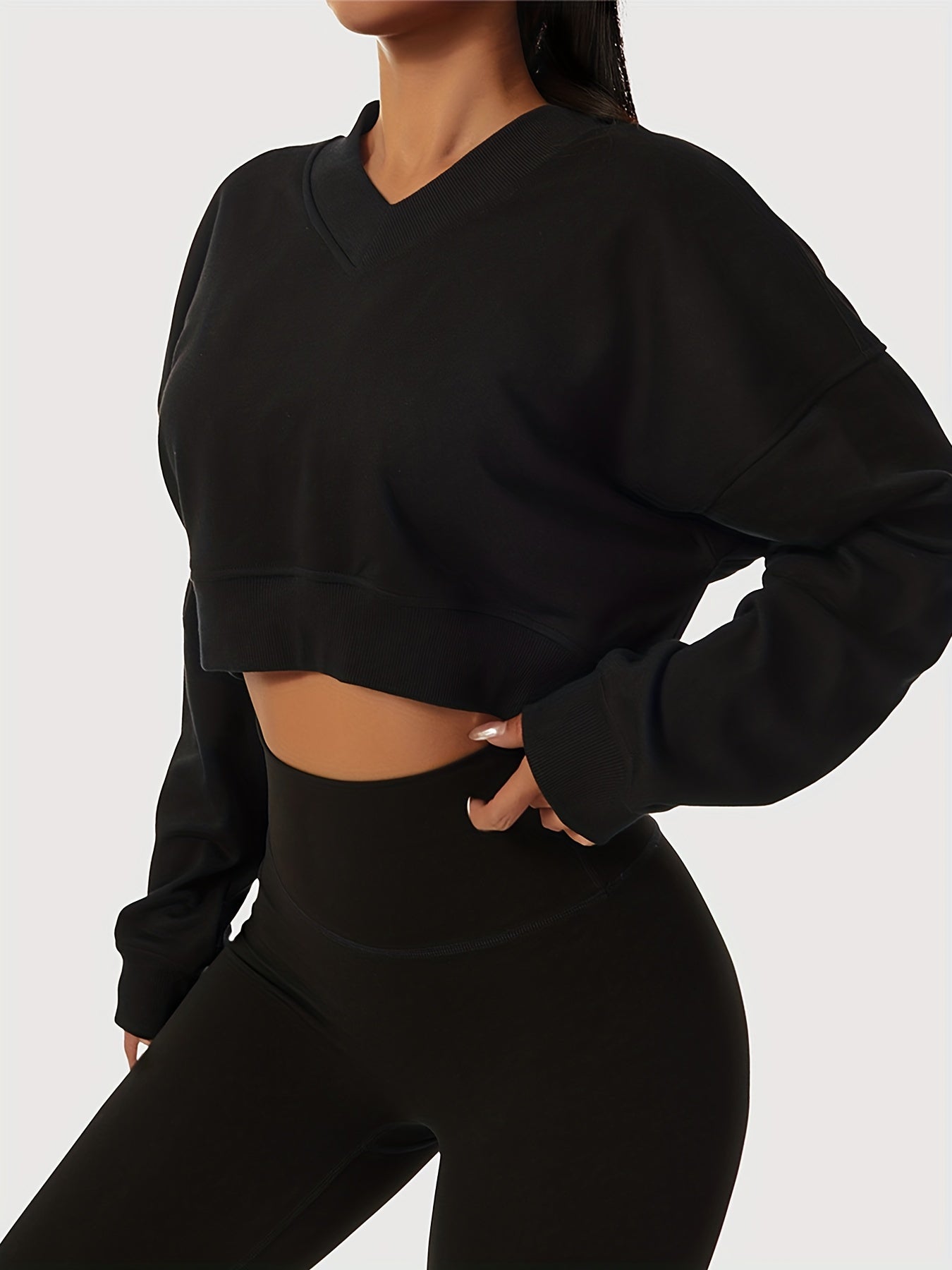 vlovelaw Solid V Neck Sporty Crop Sweatshirt, Casual Long Sleeve Drop Shoulder Sweatshirt, Women's Clothing