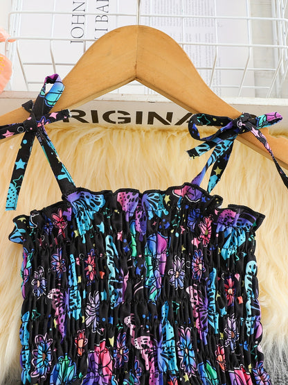 Girls Whimsical Butterfly Print Sundress - Perfect for Warm Weather, Flowy and Lightweight with Adjustable Bowknot Shoulder Ties for All-Day Cool Comfort - Cute and Trendy Design for the Modern Girl
