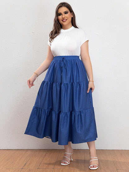 Plus Size Casual Skirt, Women's Plus Denim Print Drawstring Elastic High Rise Smock Skirt