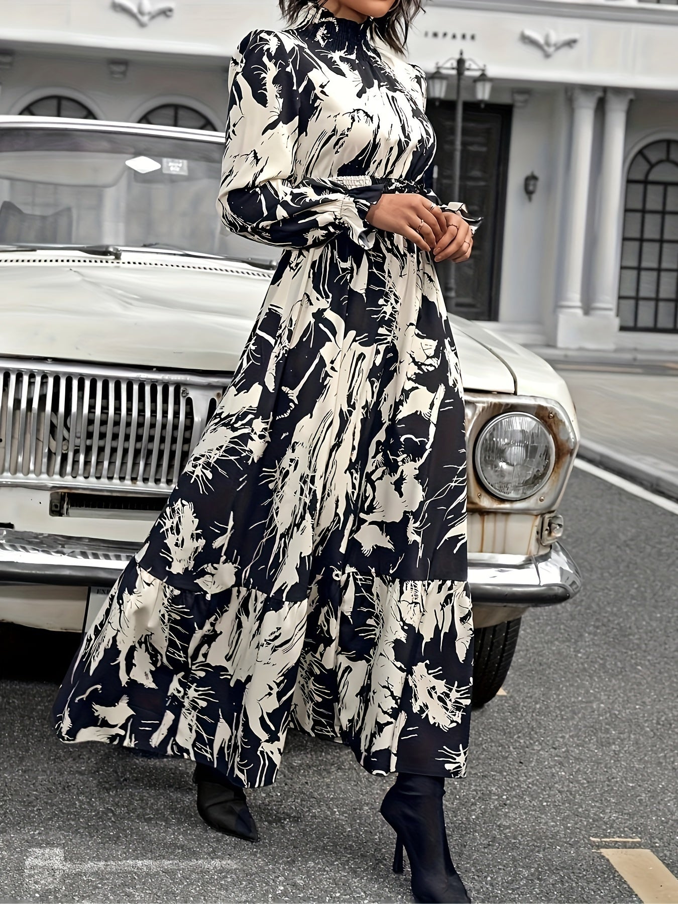 Floral Print Mock Neck Lantern Sleeve Dress, Shirred Waist Elegant Dress, Women's Clothing