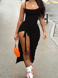 vlovelaw  Drawstring Bodycon Cami Dress, Sexy Split Spaghetti Strap Dress, Women's Clothing
