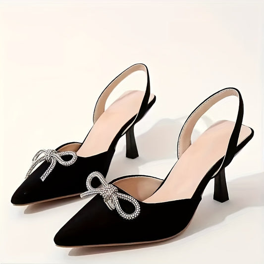 vlovelaw  Women's Rhinestone Bowknot Decor Sandals, Ankle Strap Slip On Elegant Dressy High Heels, Point Toe Party Banquet Shoes