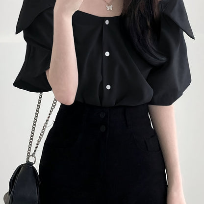 vlovelaw  Solid Cold Shoulder Blouse, Elegant Short Sleeve Top For Spring & Summer, Women's Clothing