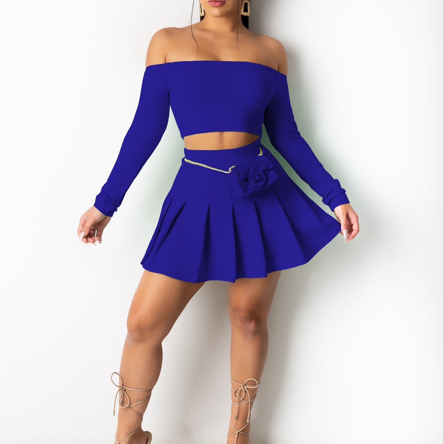 vlovelaw  Solid Elegant Two-piece Set, Off Shoulder Long Sleeve Crop Top & Pleated Mini Skirt Outfits, Women's Clothing