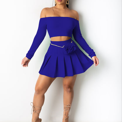 vlovelaw  Solid Elegant Two-piece Set, Off Shoulder Long Sleeve Crop Top & Pleated Mini Skirt Outfits, Women's Clothing