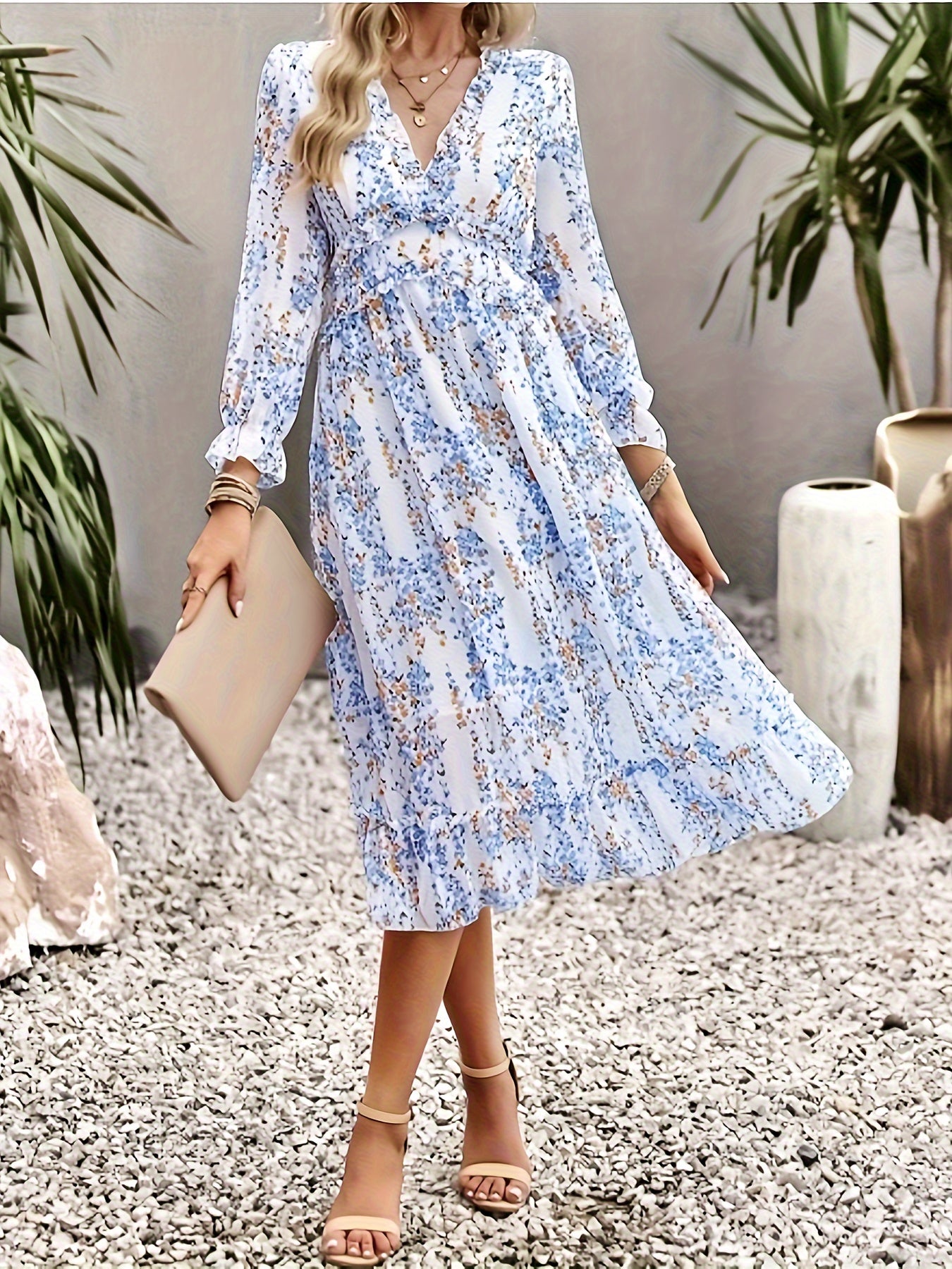vlovelaw  Floral Print V Neck Dress, Elegant Long Sleeve Dress For Spring & Fall, Women's Clothing