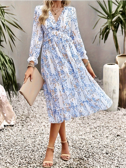 vlovelaw  Floral Print V Neck Dress, Elegant Long Sleeve Dress For Spring & Fall, Women's Clothing