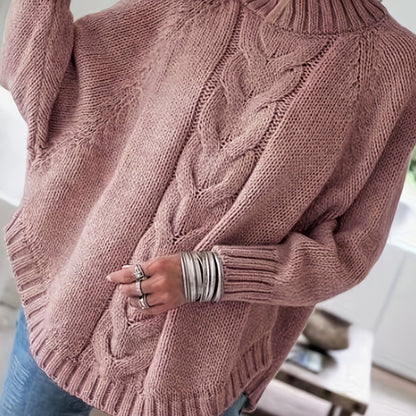 Cable Mock Neck Sweater, Vintage Batwing Sleeve Curved Hem Sweater, Women's Clothing