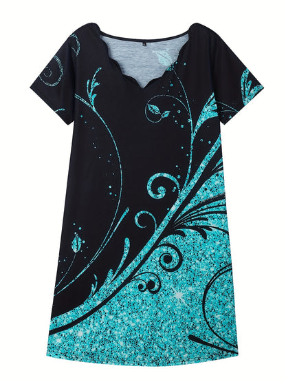 vlovelaw Plus Size Casual Dress, Women's Plus Glitter Baroque Print Short Sleeve V Neck Scallop Trim Slight Stretch Dress