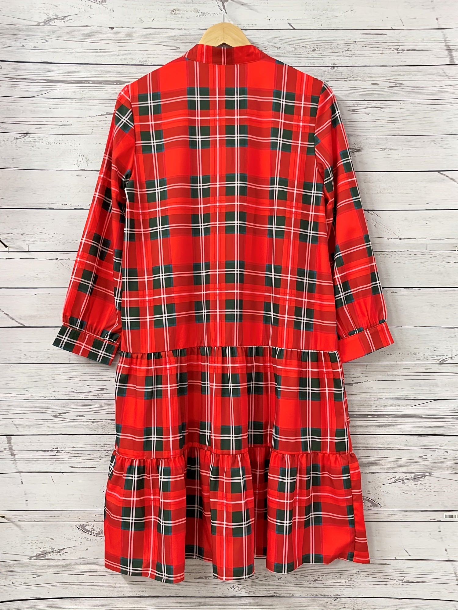 vlovelaw  Plaid Print Button Front Shirt Dress, Casual Long Sleeve V-neck Dress For Spring & Fall, Women's Clothing