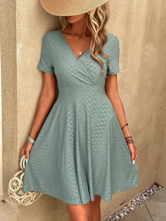 vlovelaw  Solid Eyelet V Neck Dress, Casual Short Sleeve Flare Dress For Spring & Summer, Women's Clothing