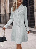 Solid Tie Decor Aline Dress, Elegant Long Sleeve Slim Dress For Spring & Fall, Women's Clothing