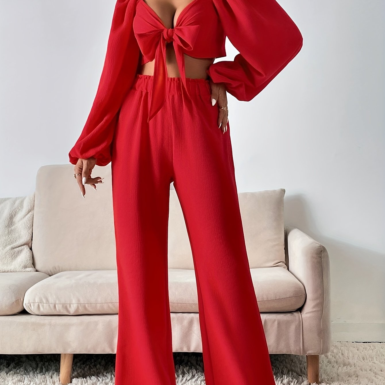 vlovelaw  Casual Solid Two-piece Pants Set, Long Sleeve Bow Front T-shirt & Loose Wide Leg Pants Outfits, Women's Clothing