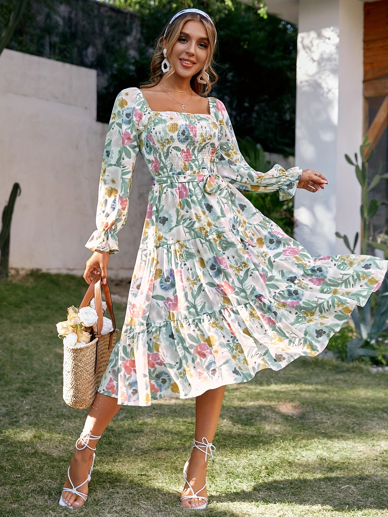 vlovelaw  Vintage Floral Print Dress, Boho Shirred Tiered Long Sleeve Dress, Women's Clothing