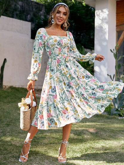 vlovelaw  Vintage Floral Print Dress, Boho Shirred Tiered Long Sleeve Dress, Women's Clothing