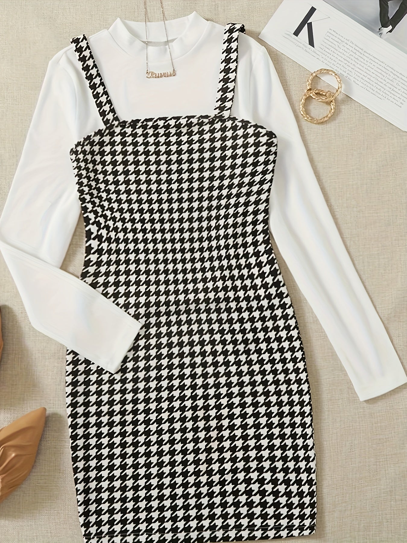 vlovelaw  Simple Elegant Two-piece Set, Solid Long Sleeve Tops & Houndstooth Print Overall Dress Outfits, Women's Clothing