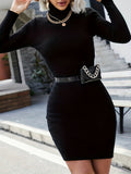 vlovelaw  Solid Turtle Neck Bodycon Sweater Dress, Casual Long Sleeve Knitted Mini Dress, Women's Clothing