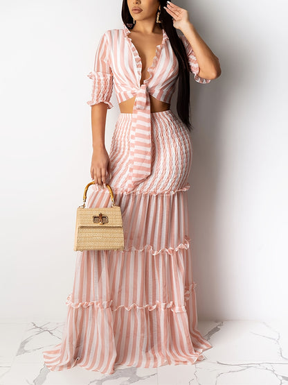 vlovelaw  Sexy Striped Chiffon Print Skirt Two-piece Set, Lace Up Crop Tops & High Waist Long Skirt Set, Women's Clothing
