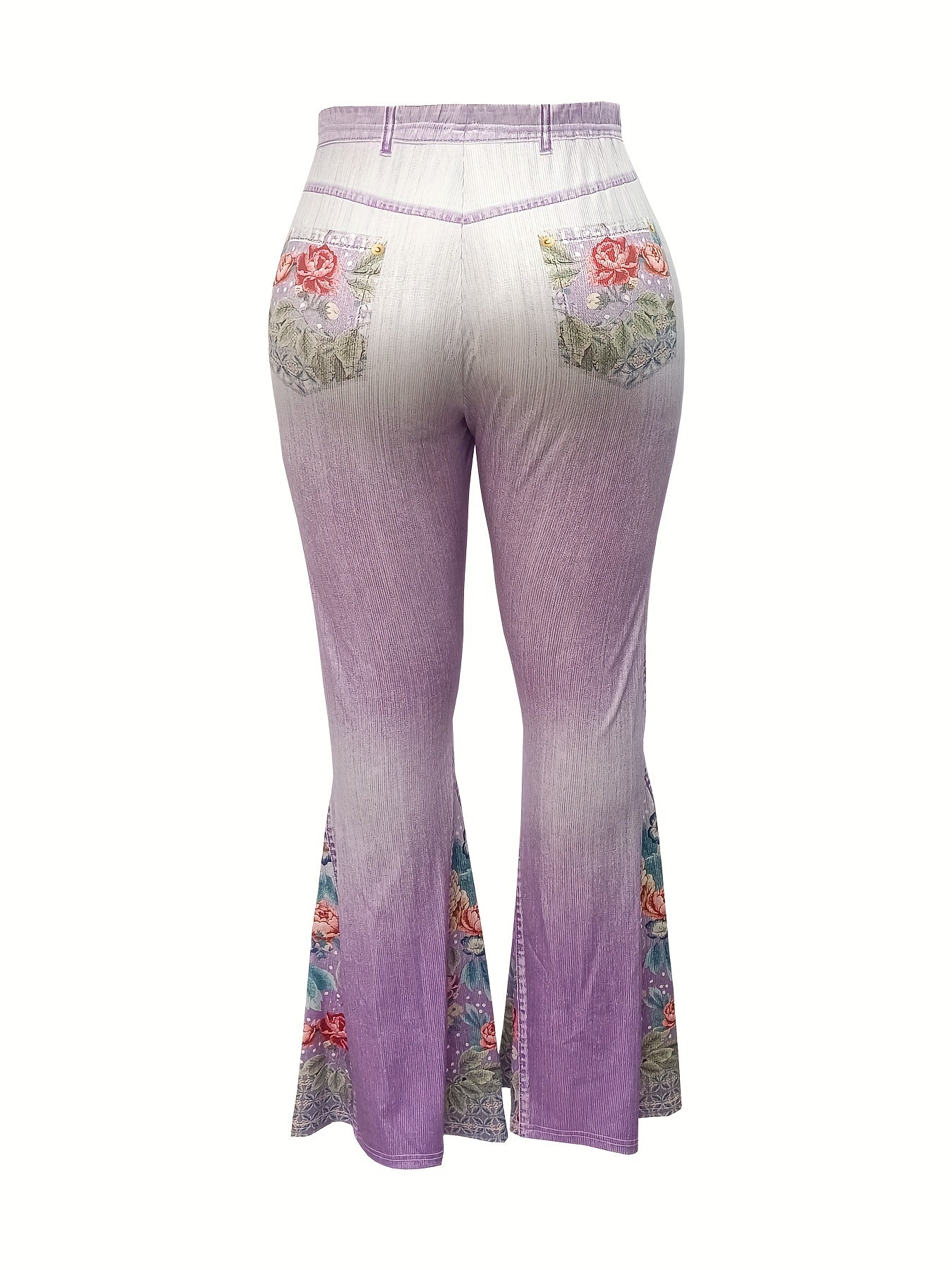 vlovelaw Plus Size Casual Trousers, Women's Plus Denim Print Slight Stretch Contrast Floral Panel Flare Pants