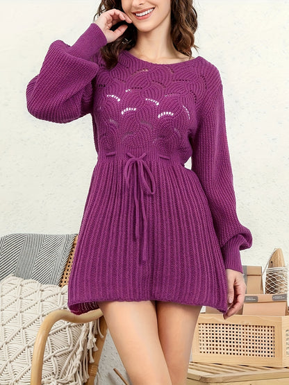 Eyelet Drawstring Dress, Sexy Solid Crew Neck Long Sleeve Dress, Women's Clothing