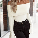vlovelaw  Stylish Solid Off Shoulder Sweater, Casual Long Sleeve Sweater, Casual Tops For Fall & Winter, Women's Clothing
