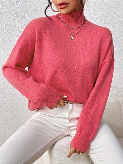 xieyinshe  Plus Size Casual Sweater, Women's Plus Solid Long Sleeve High Neck Medium Stretch Jumper