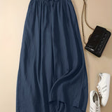 vlovelaw Plus Size Casual Pants, Women's Plus Solid High Waist Drawstring Wide Leg Loose Pants