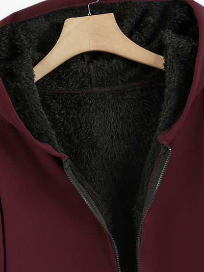 vlovelaw Plus Size Hoodie Fleece Liner Zip Up Coat, Women's Plus Warm Winter Casual Faux Fur Coat