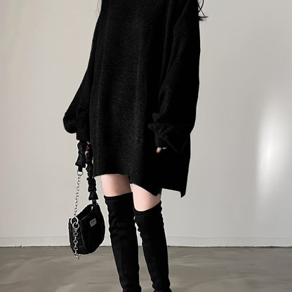 vlovelaw  Solid Turtle Neck Oversized Sweater, Casual Long Sleeve Split Sweater, Women's Clothing