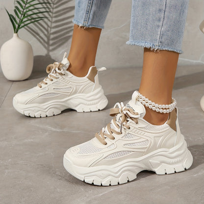 vlovelaw  Women's Mesh Chunky Sneakers, Breathable Trendy Low Top Running Trainers, Casual Lace Up Sports Shoes