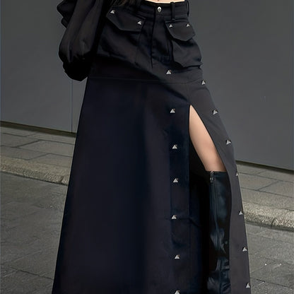vlovelaw  Studded Flap Pocket Split Cargo Skirt, Y2K High Waist Loose Maxi Skirt, Women's Clothing