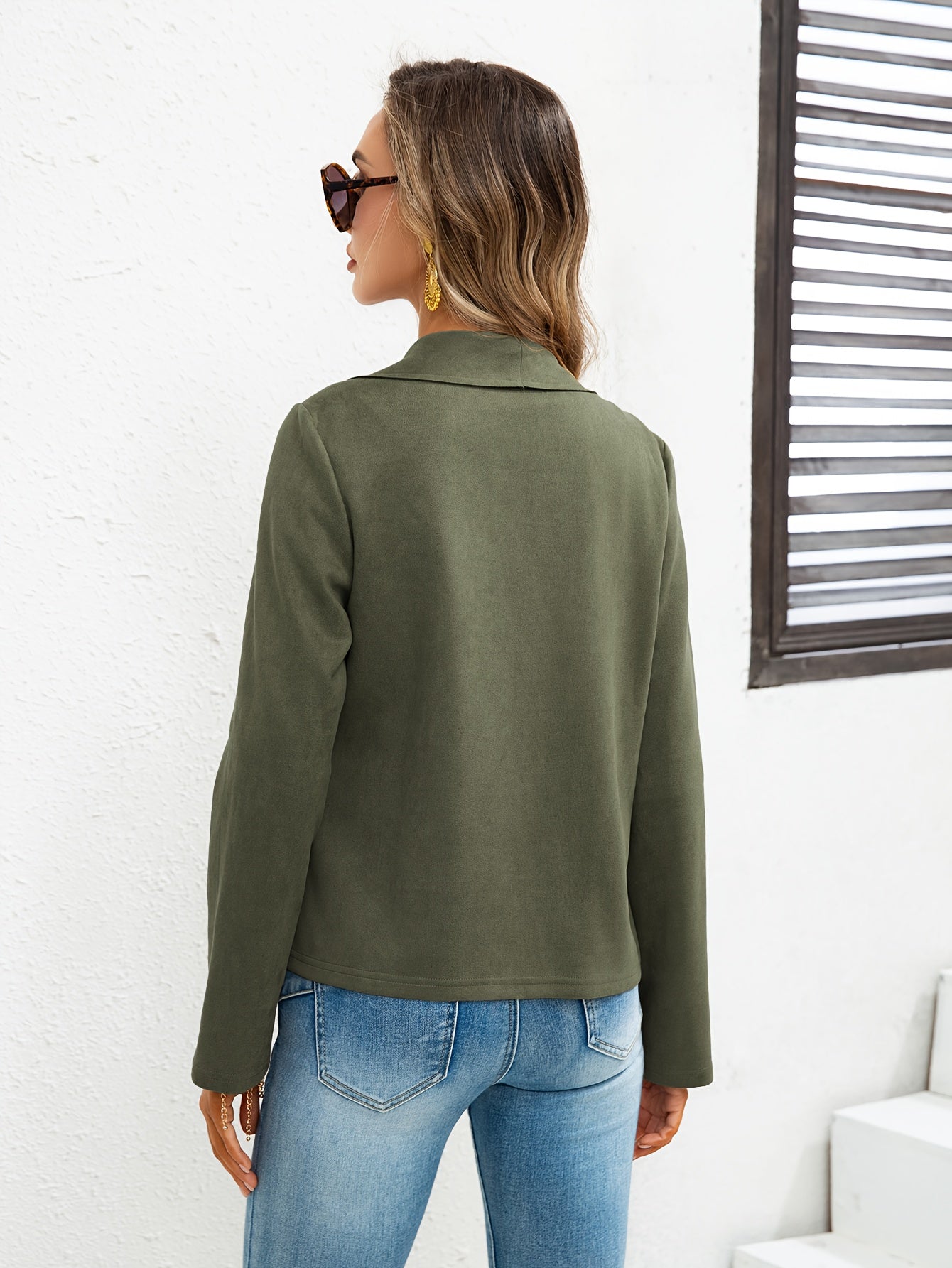 Solid Lapel Open Front Jacket, Versatile Long Sleeve Slant Zipper Pockets Jacket, Women's Clothing