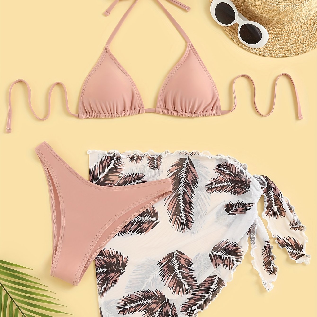Three-Piece Bikini Set - Flattering Halter Neck Design, Ultra Quick-Drying Technology, Comfortable Four-Way Stretch Fabric - Designed for Women, Vibrant Feather Print Pattern, Matching Cover Up Skirt, Perfect for Beachwear and Poolside Fashion