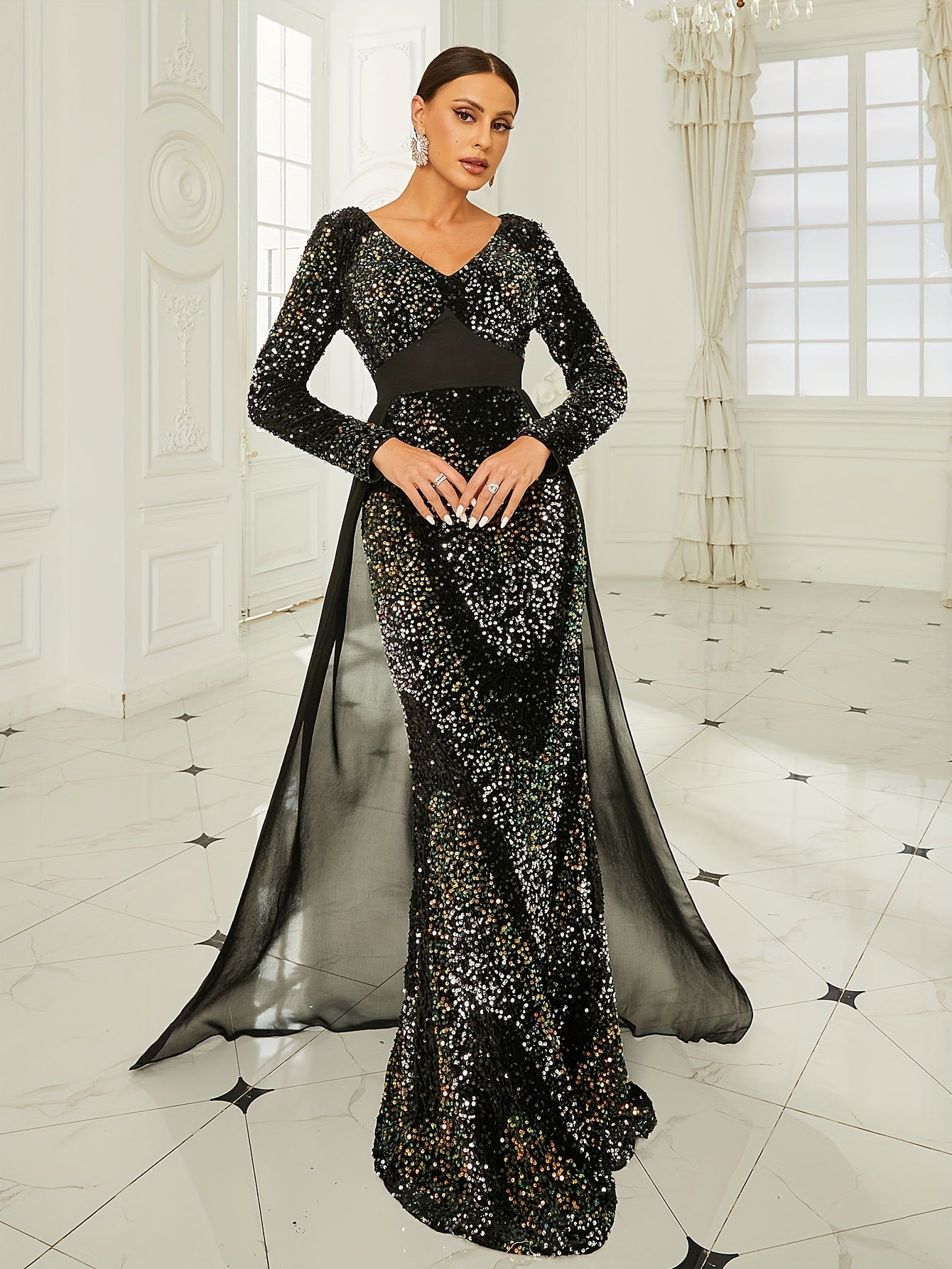 vlovelaw  Sequined V Neck Bridesmaid Dress, Elegant Long Sleeve Floor Length Dress For Wedding Party, Women's Clothing