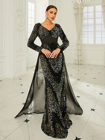 vlovelaw  Sequined V Neck Bridesmaid Dress, Elegant Long Sleeve Floor Length Dress For Wedding Party, Women's Clothing