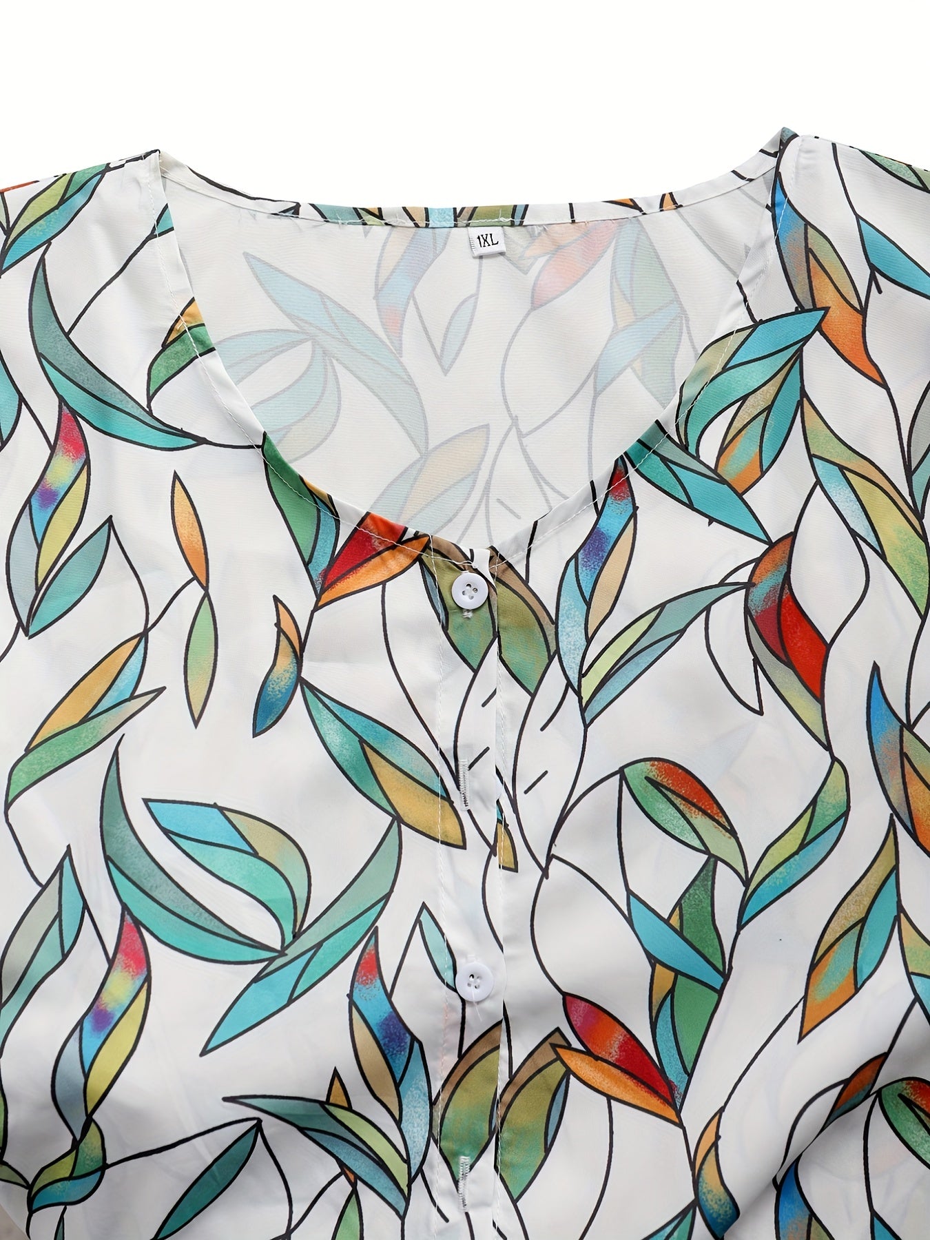 Plus Size Casual T-shirt, Women's Plus Tie Dye Three Quarter Sleeve Button Up Blouse