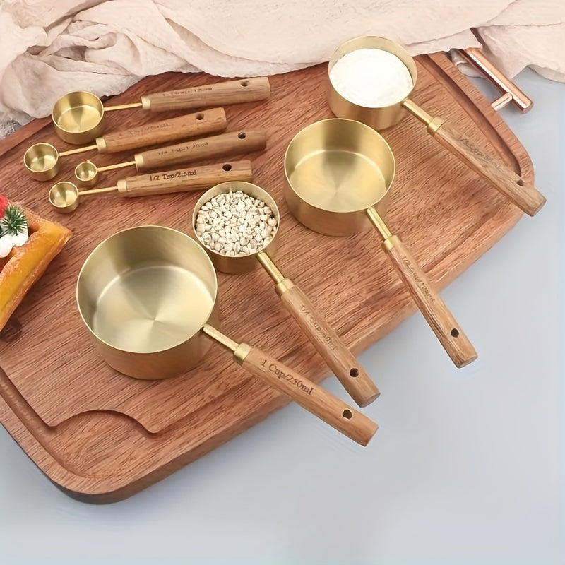 8pcs Set Stainless Steel Measuring Cups And Spoons With Acacia Wood Handles, Durable Kitchen Baking Tools, Includes Spice Spoon & Coffee Scoop, Nesting Design For Easy Storage