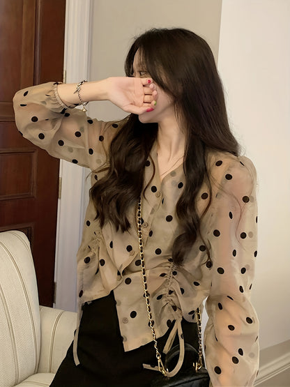 vlovelaw Polka-dot Print Button Front Blouse, Drawstring Long Sleeve Semi-sheer Top, Women's Clothing