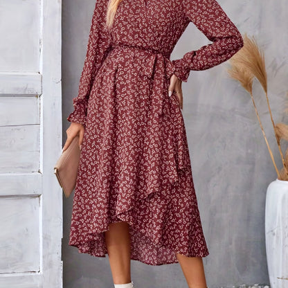 vlovelaw  Floral Print Tie Waist V-neck Dress, Elegant Long Sleeve Asymmetrical Hem Dress, Women's Clothing