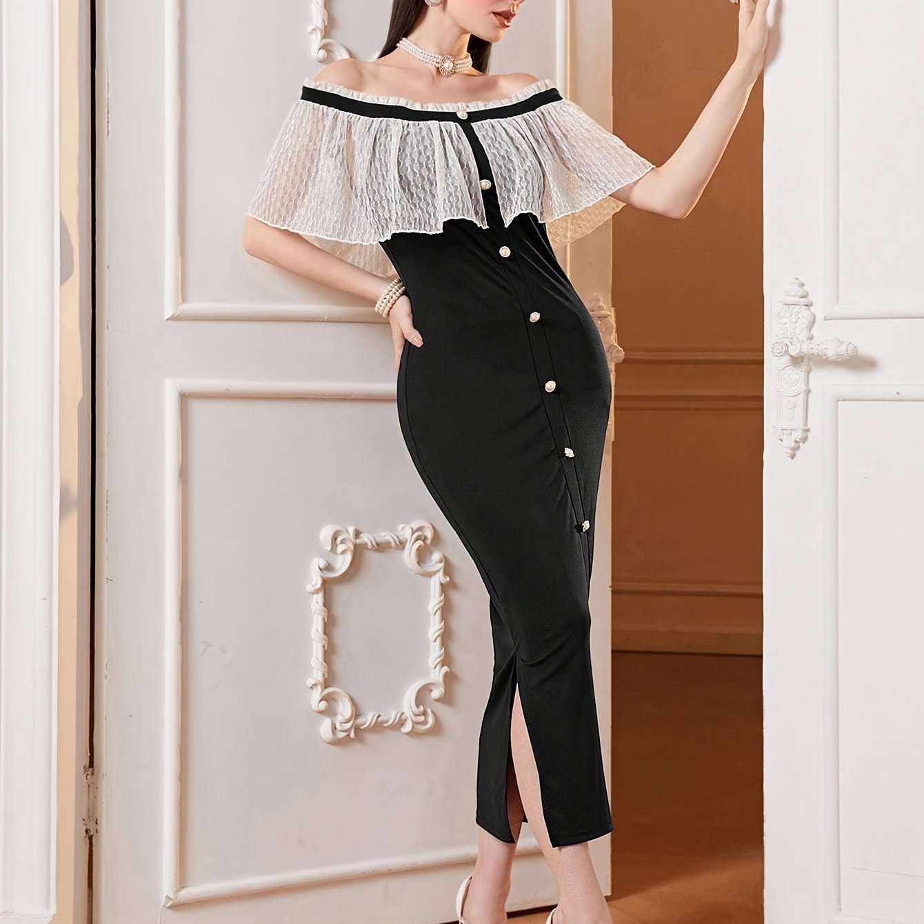 vlovelaw Off-shoulder Lace Cape Dress, Chic Split Hem Slim Dress For Spring & Summer, Women's Clothing